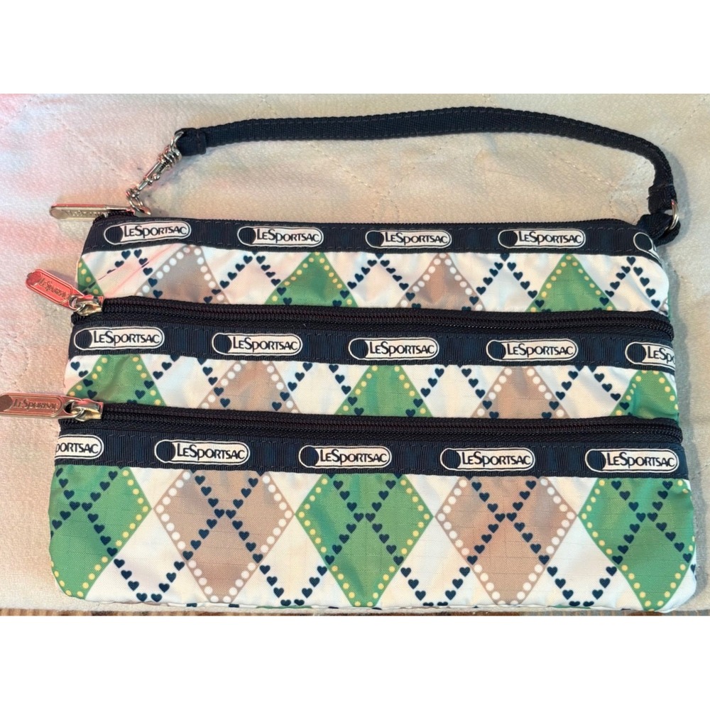 LeSportsac 3-Zip Cosmetic Pouch Womens Wallet Small Green‎ Argyle Wristlet Bag